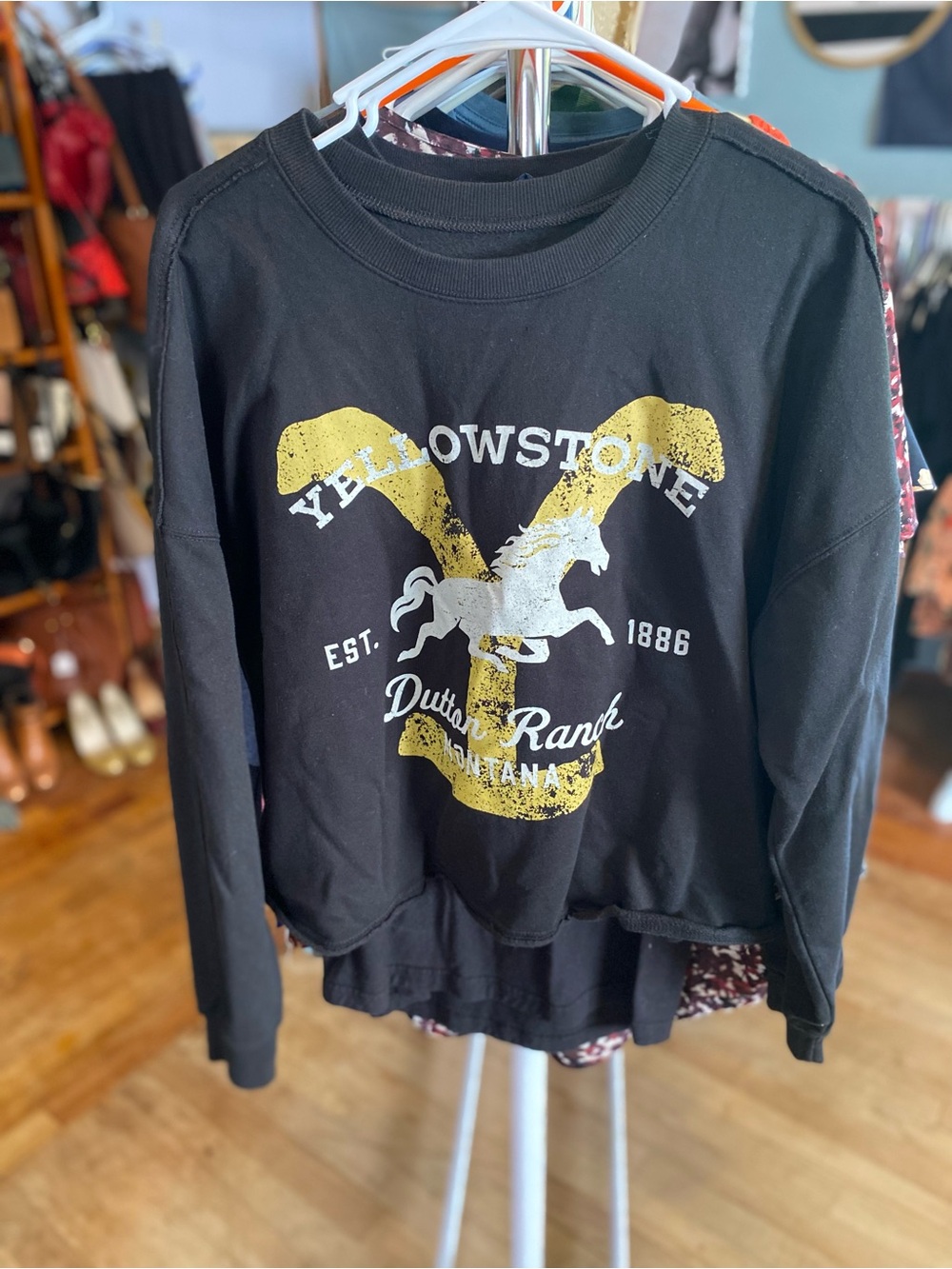Yellowstone Dutton Ranch Graphic Pullover Cropped Sweatshirt with Raw Hem & Dist